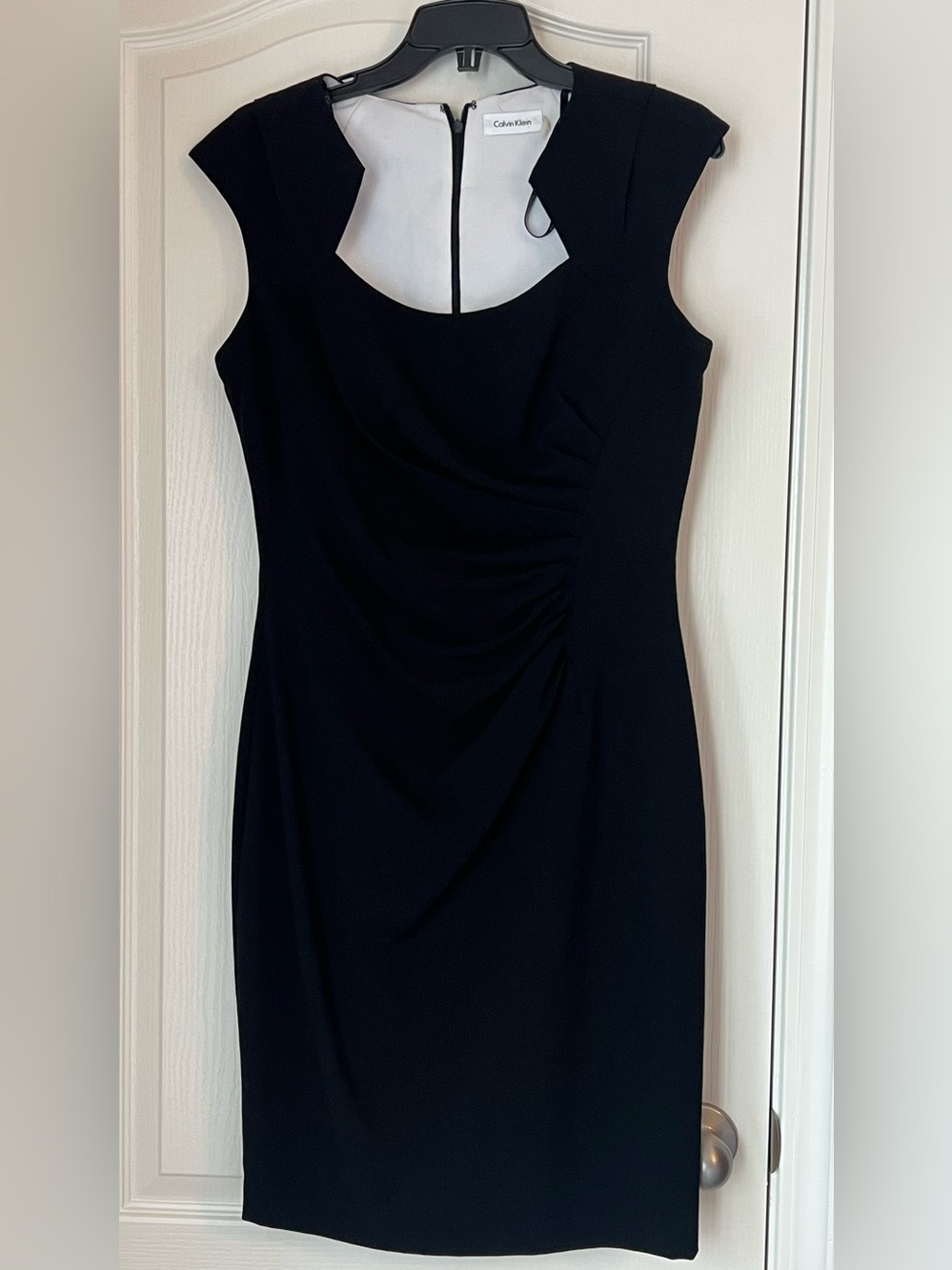 Calvin Klein Little Black Dress (Size 8) — Queen Anne Neckline + Great Ruching